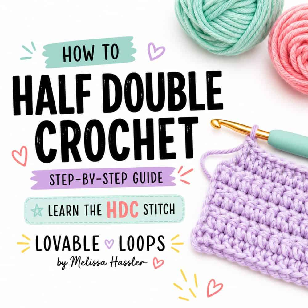 How to half double crochet square graphic with a purple crochet swatch, crochet hook, mint and pink yarn, and step-by-step guide text for learning the HDC stitch.