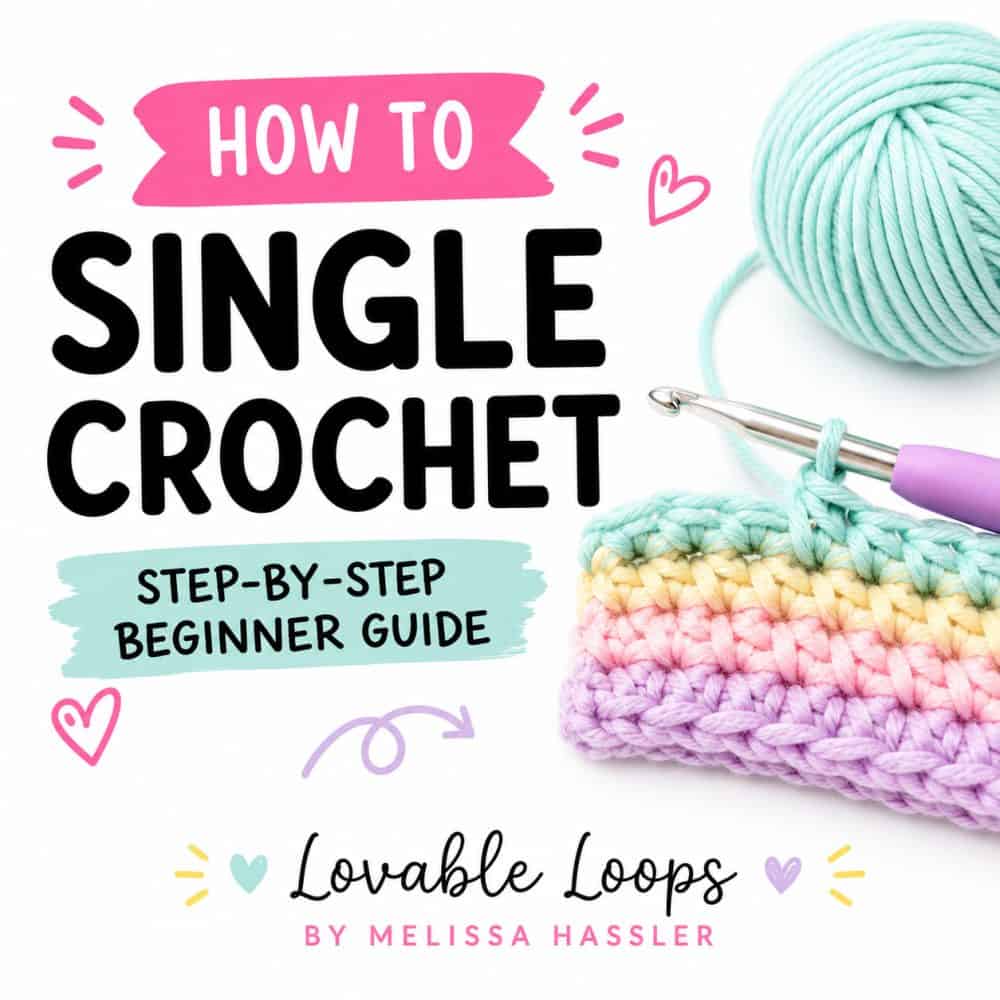 A bright square graphic for a how to single crochet tutorial with bold black text, a pastel crochet swatch, mint yarn, purple crochet hook, and step-by-step beginner guide text from Lovable Loops by Melissa Hassler.