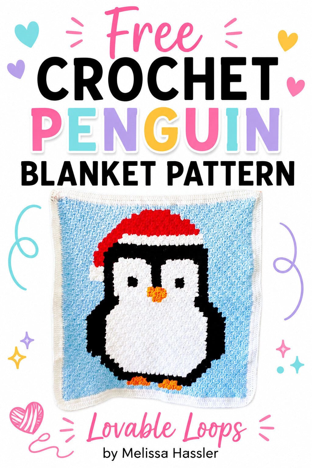 Penguin blanket crochet pattern pin with bold black and pink text, snowflake accents, and a finished crochet penguin blanket with a red Santa hat on a blue background.