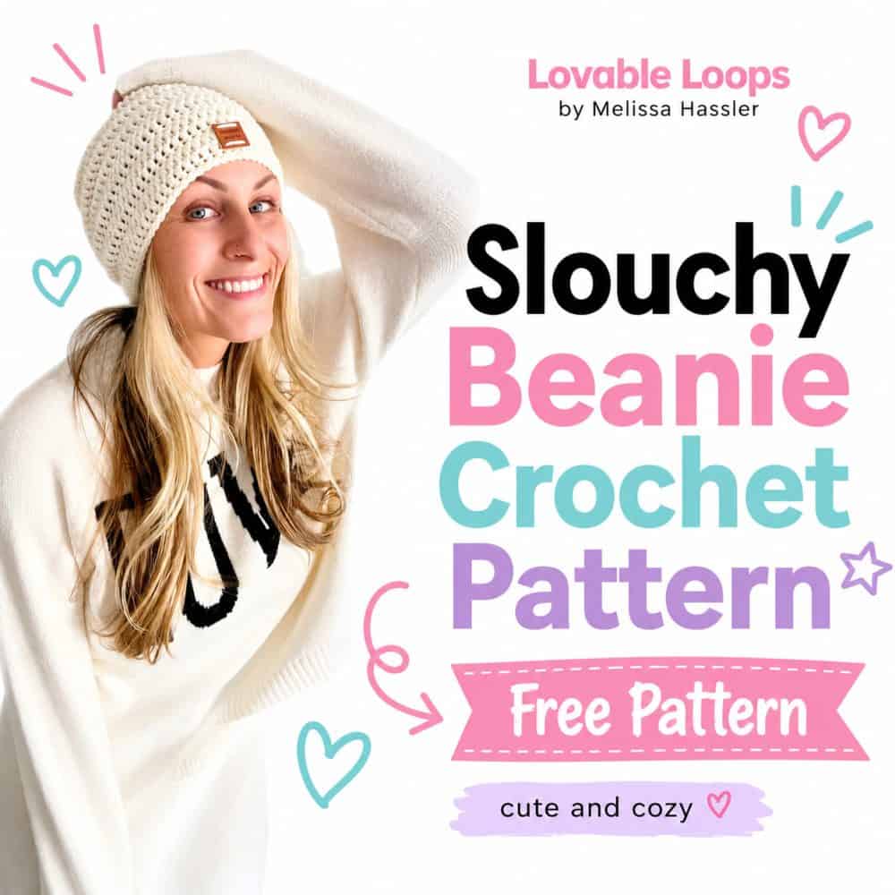 Square graphic featuring a smiling woman wearing a cream slouchy crochet beanie beside colorful text reading “Slouchy Beanie Crochet Pattern,” “Free Pattern,” and “Cute and Cozy.”