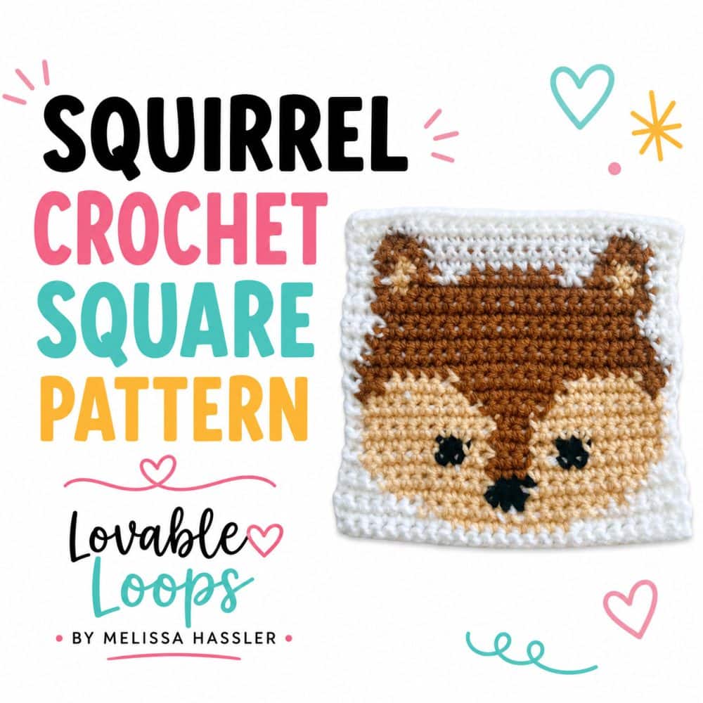 Free squirrel crochet square pattern graphic with a brown and tan crocheted squirrel face on a white square beside bold black, purple, aqua, and yellow text on a clean white background.