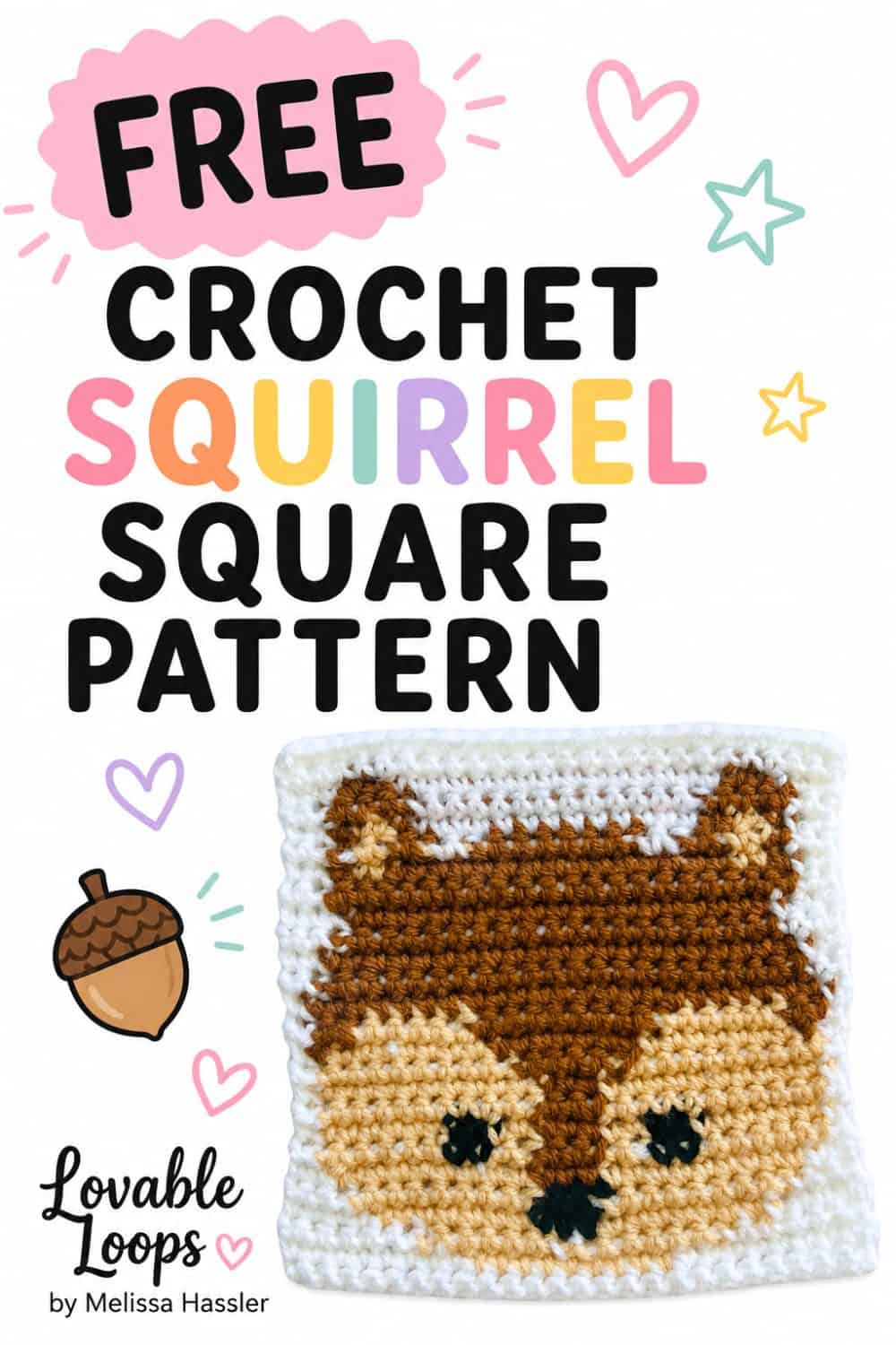 Square squirrel crochet pattern image featuring a brown and tan squirrel face with black eyes and nose, framed by a white crochet border beside bold pink, aqua, black, and pastel branding text.