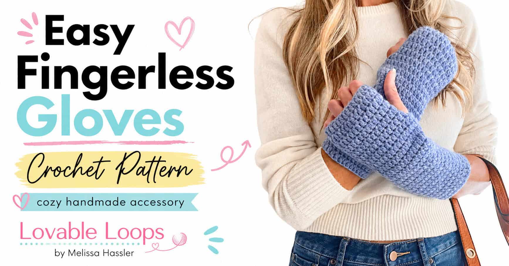 Landscape graphic showing blue crochet fingerless gloves with textured stitches and thumb openings beside text reading “Easy Fingerless Gloves Crochet Pattern,” with a clean white background and colorful branding.