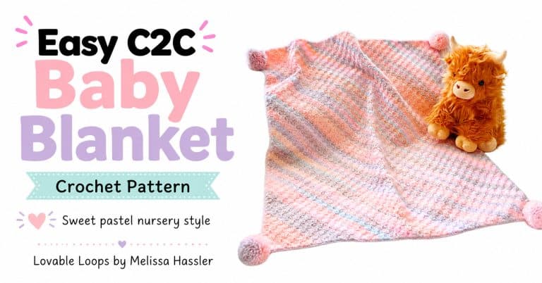 Landscape graphic showing a soft pink and pastel C2C crochet baby blanket with pom pom corners and an orange Highland cow plush beside text reading “Easy C2C Baby Blanket Crochet Pattern.”