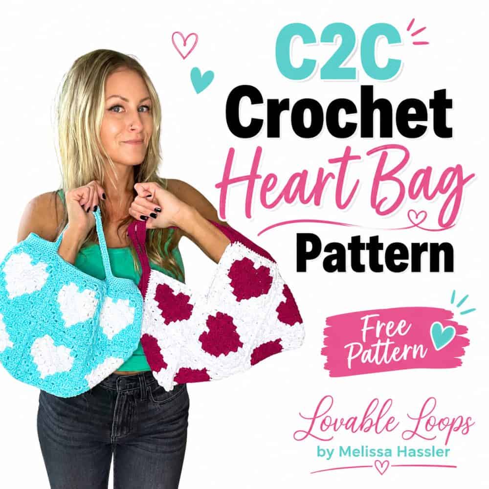 C2C crochet heart bag pattern featuring a turquoise and white heart tote and a white and pink heart tote held by a woman against a bright white background.