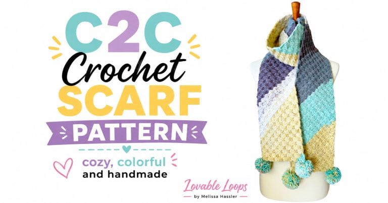 Landscape graphic showing a color-block C2C crochet scarf with textured stitches and pom-pom ends on a mannequin beside bold “C2C Crochet Scarf Pattern” text.