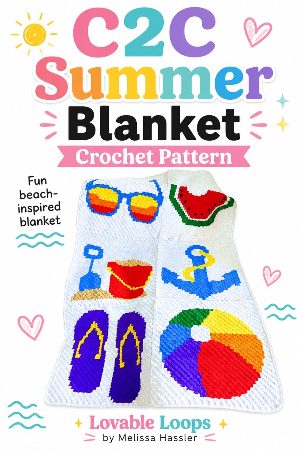 Pinterest pin featuring a colorful C2C summer crochet blanket with sunglasses, watermelon, sand bucket, anchor, flip-flops, and beach ball motifs beneath text reading โBeachy Summer Blanket C2C Crochet Pattern.โ