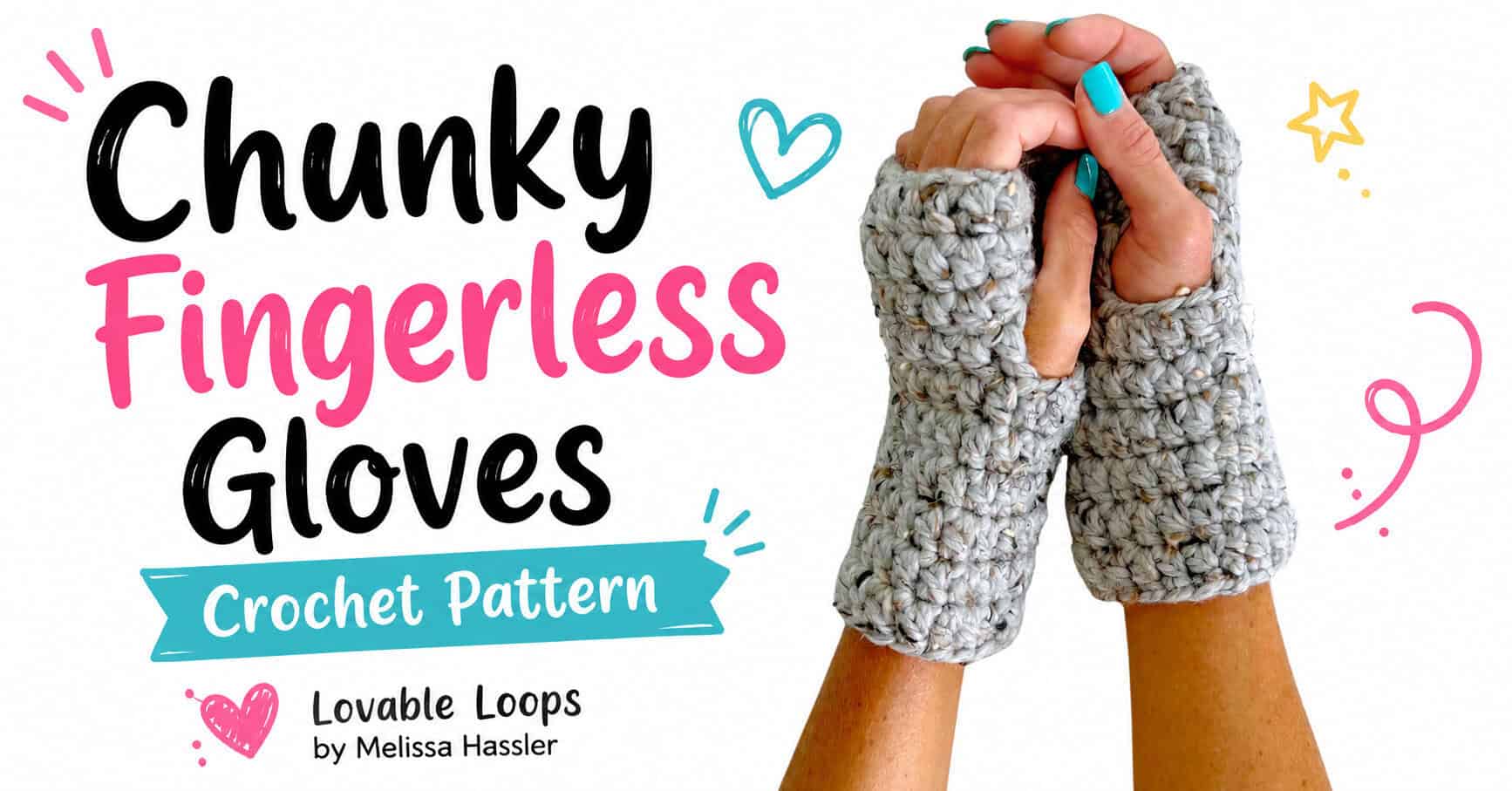 Landscape graphic showing chunky gray crochet fingerless gloves with thick textured stitches and open fingers beside text reading “Chunky Fingerless Gloves Crochet Pattern.”
