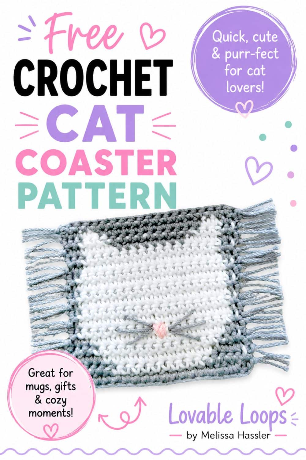 White and gray crochet cat coaster with cat ears, gray fringe, whiskers, and a pink nose shown beside bold Free Crochet Cat Coaster Pattern text on a bright white background.