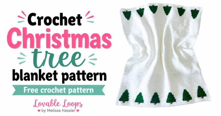 Pinterest pin for a free holiday crochet pattern featuring a white Christmas tree blanket with green evergreen motifs along both ends and clean Lovable Loops branding.