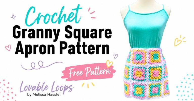 Colorful crochet granny square apron in pink, aqua, yellow, and white shown on a dress form with bold “Crochet Granny Square Apron Pattern” and “Free Pattern” text.