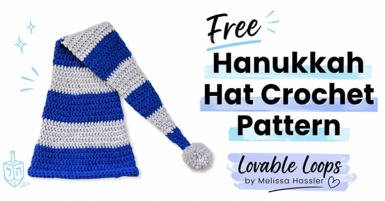Blue and light gray striped crochet Hanukkah hat with a long tail and pom-pom beside text reading “Free Hanukkah hat crochet pattern.”