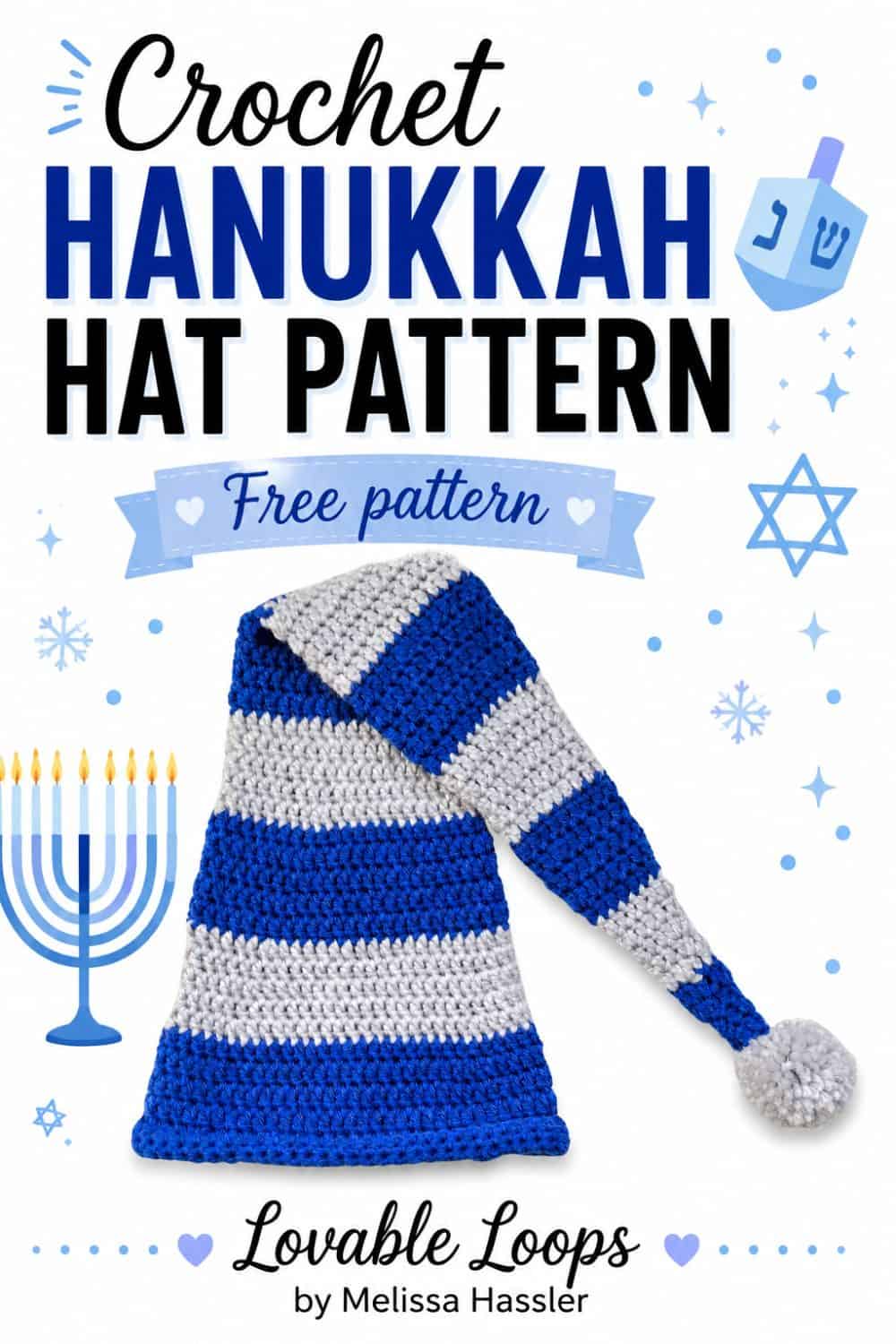 Blue and light gray striped crochet Hanukkah hat with a long pointed tail and pom-pom beneath text reading “Festive Hanukkah crochet hat” and “Free pattern.”