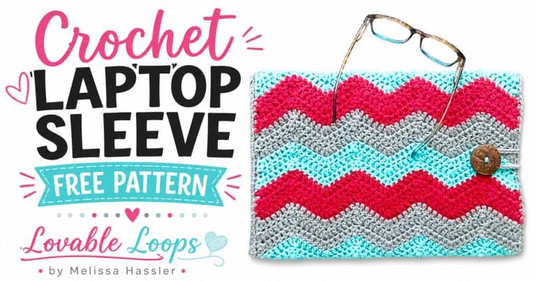 Colorful crochet laptop sleeve featuring pink, turquoise, and gray chevron stripes with a button closure, glasses, and bold Crochet Laptop Case Pattern text on a white background.