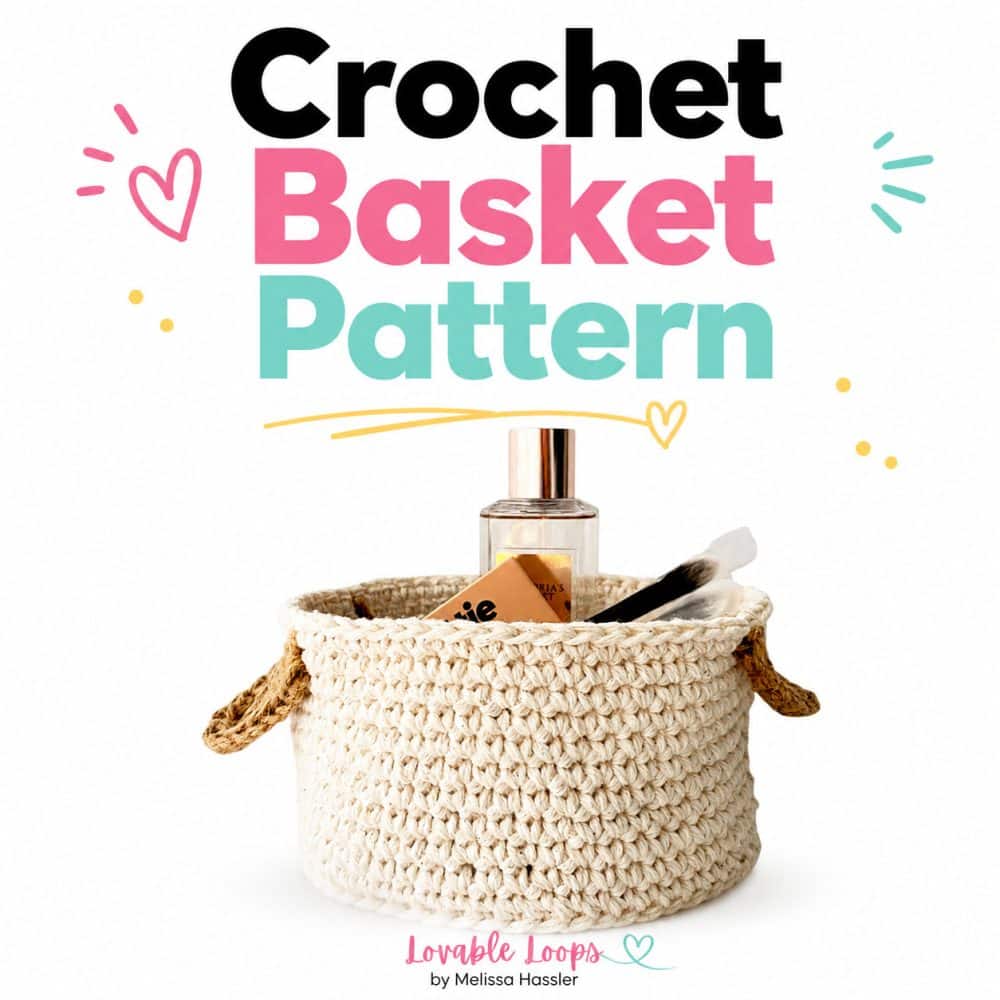 Neutral cream crochet basket with tan handles and a textured single crochet design, shown beside Crochet Basket Pattern branding on a clean white background.