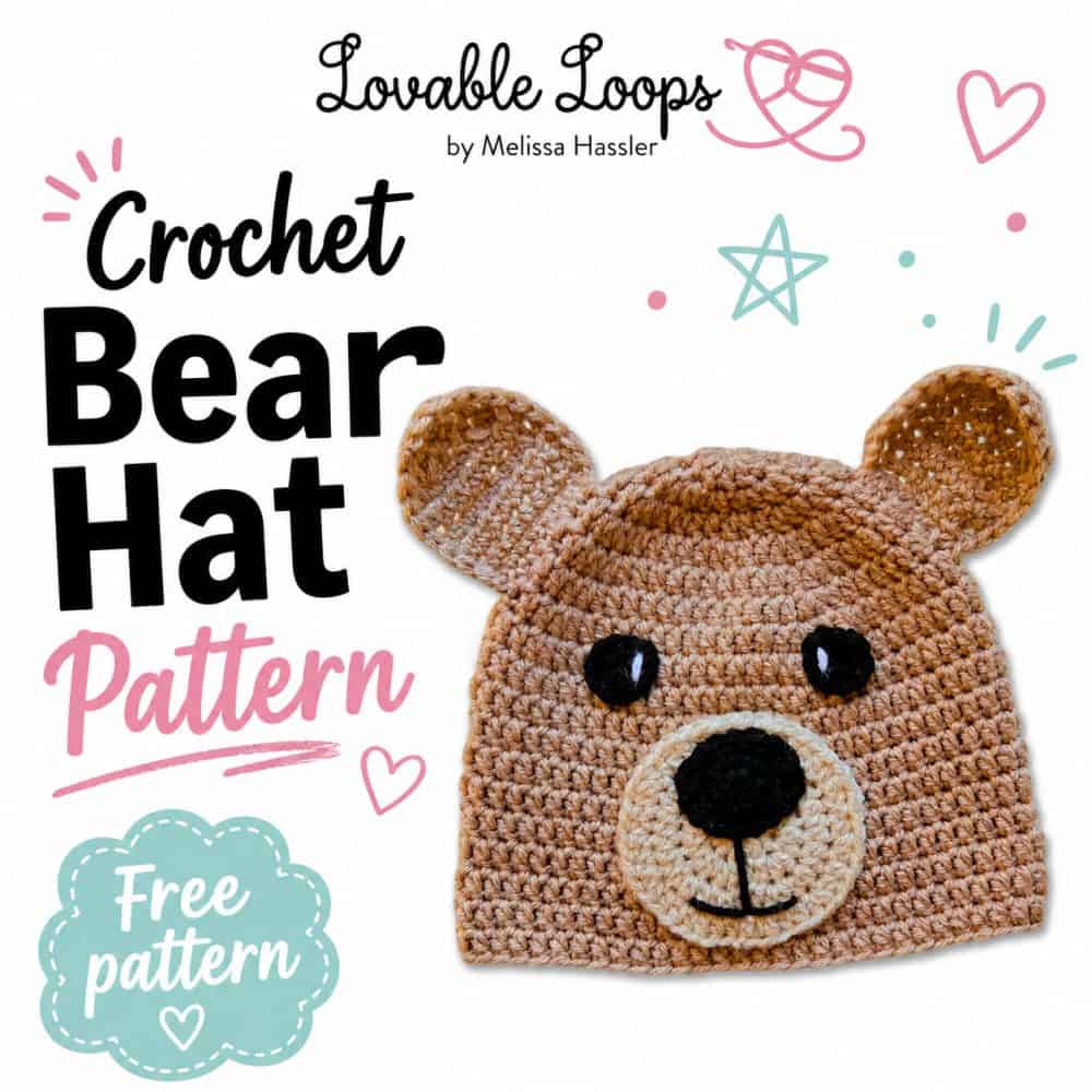 Square graphic featuring a brown crochet bear hat with rounded ears and a cream muzzle beside text reading “Crochet Bear Hat Pattern” and “Free pattern.”