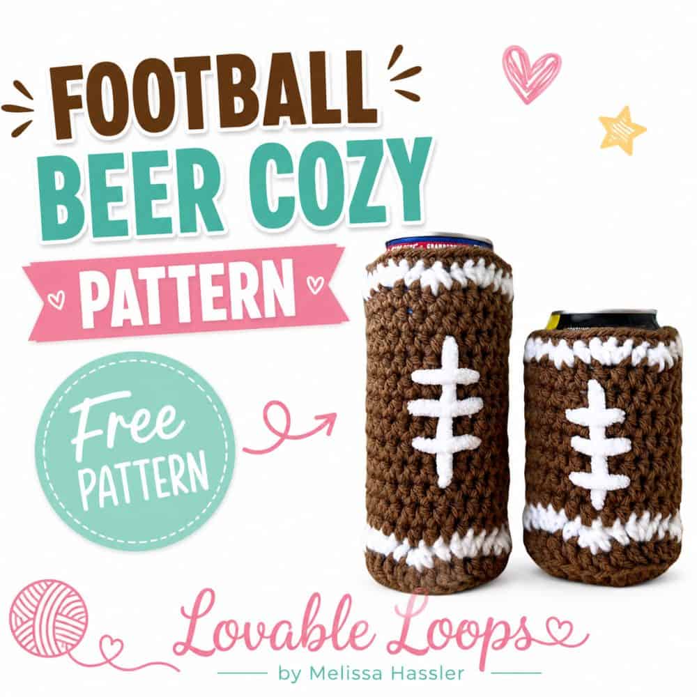 Free football beer cozy pattern featuring brown crochet can covers with white football lace designs for a slim can and a standard can.