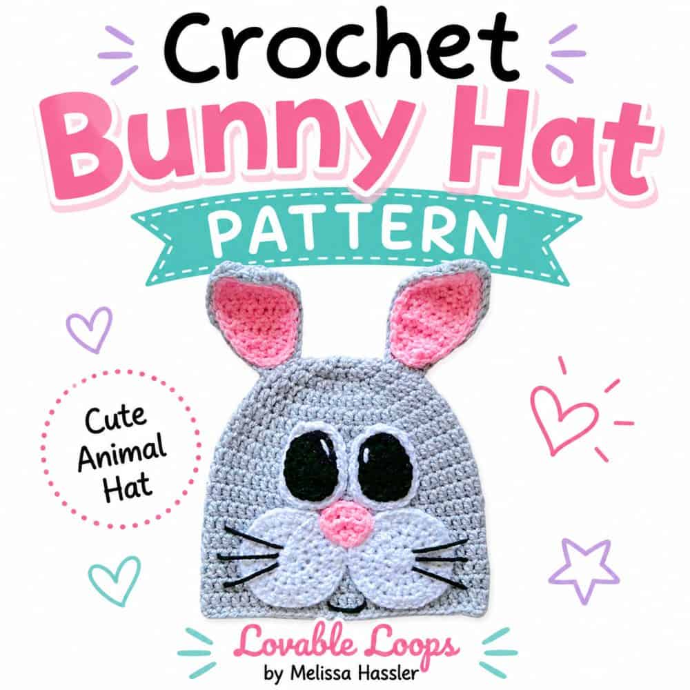 Square graphic featuring a gray crochet bunny hat with tall pink-lined ears, large black eyes, white cheeks, a pink nose, and whiskers beneath bold text reading “Crochet Bunny Hat Pattern.”