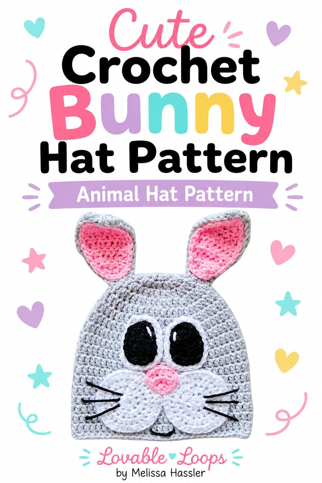 alt text Pinterest pin featuring a gray crochet bunny hat with tall pink-lined ears, oversized black eyes, a pink nose, white muzzle, and black whiskers beneath colorful text reading “Cute Crochet Bunny Hat Pattern.”