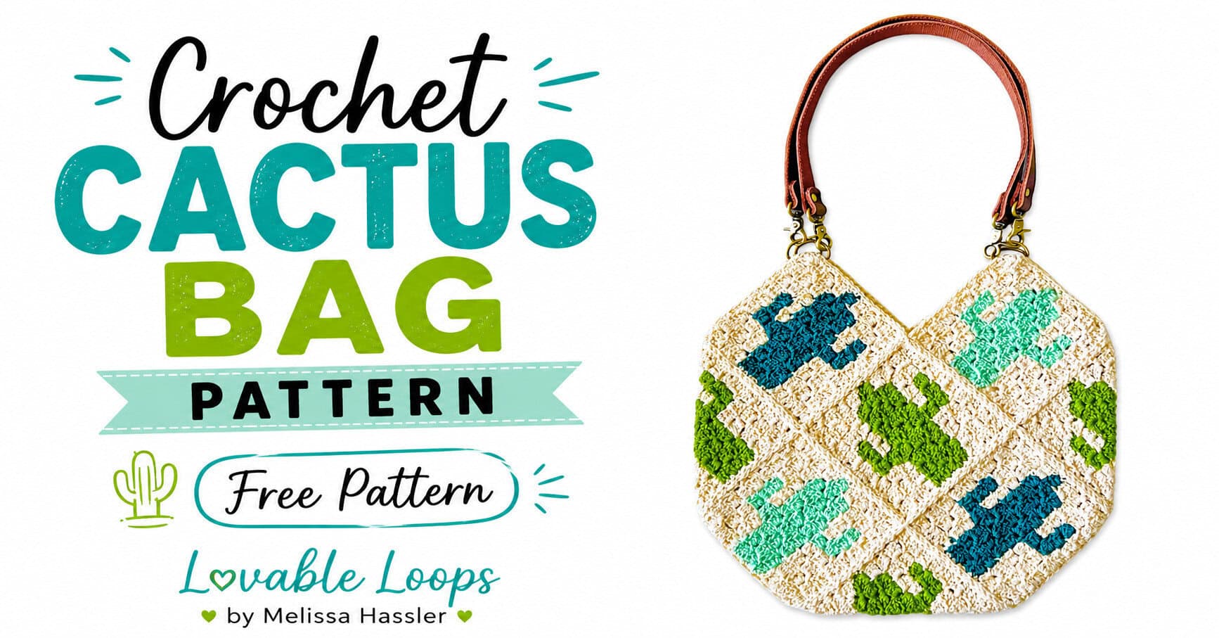 Crochet cactus bag made from C2C squares featuring blue, mint, and green cactus designs on a cream background with brown purse handles.