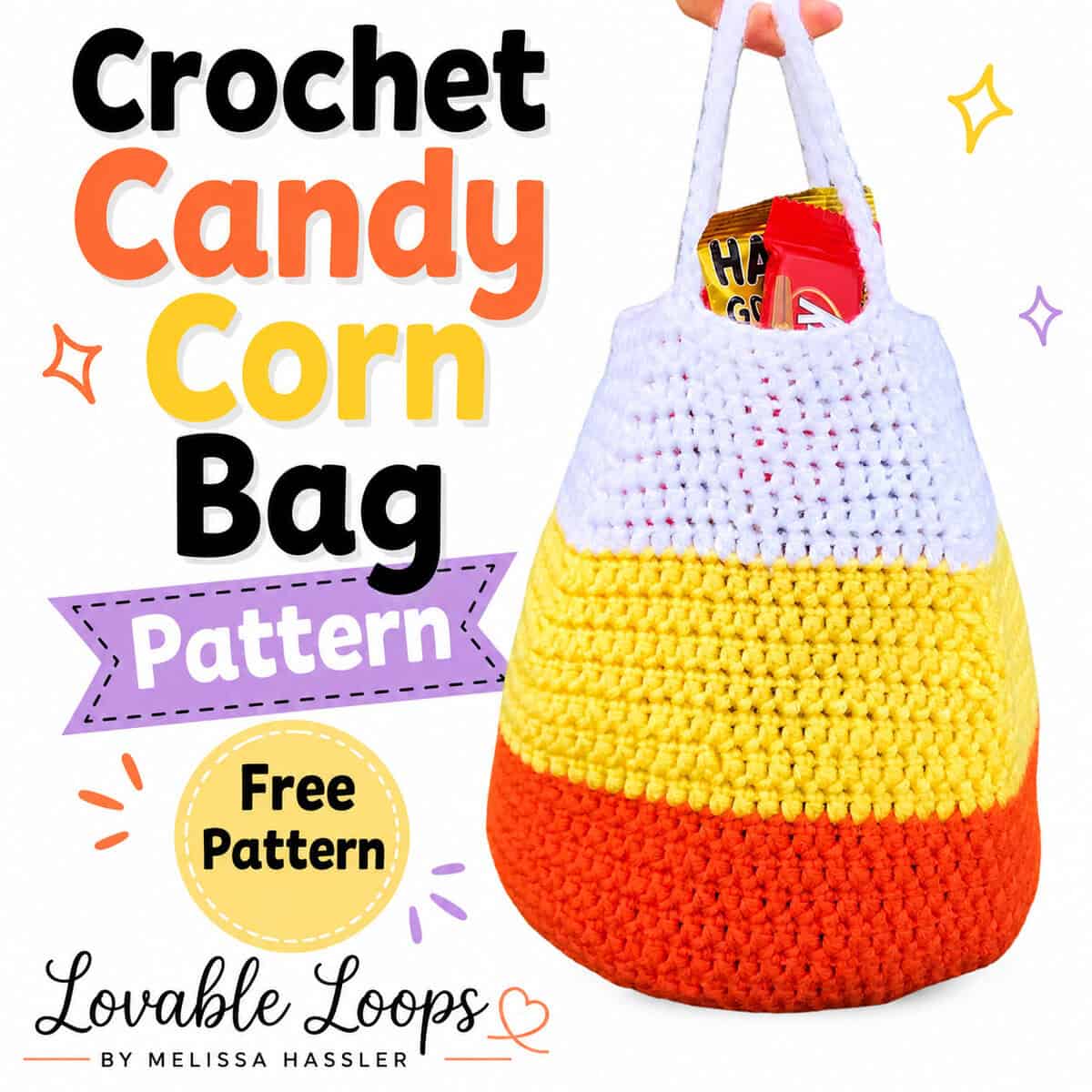 Free candy corn crochet bag pattern featuring a white, yellow, and orange Halloween treat tote with short white handles and candy peeking from the top.