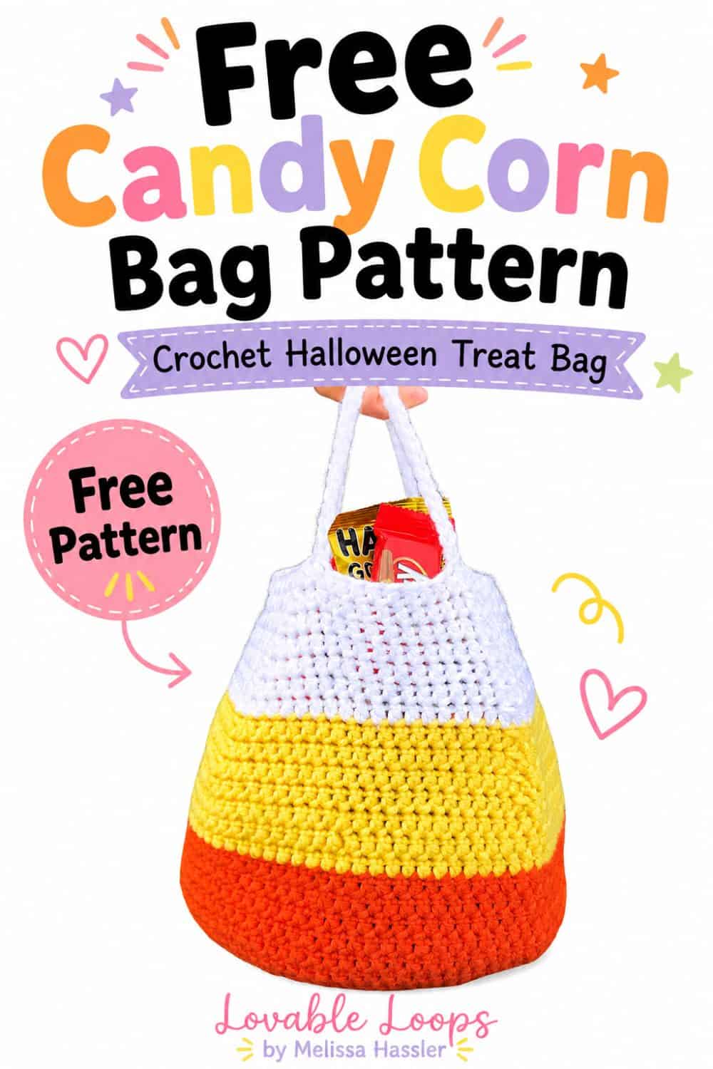 Crochet candy corn tote bag with orange, yellow, and white color blocking, filled with Halloween candy and shown with “Crochet Candy Corn Bag Pattern” text.