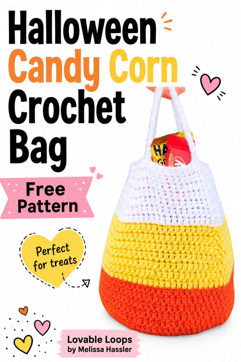 Candy corn crochet bag pattern featuring a handmade Halloween treat tote in orange, yellow, and white with candy inside on a bright white background.