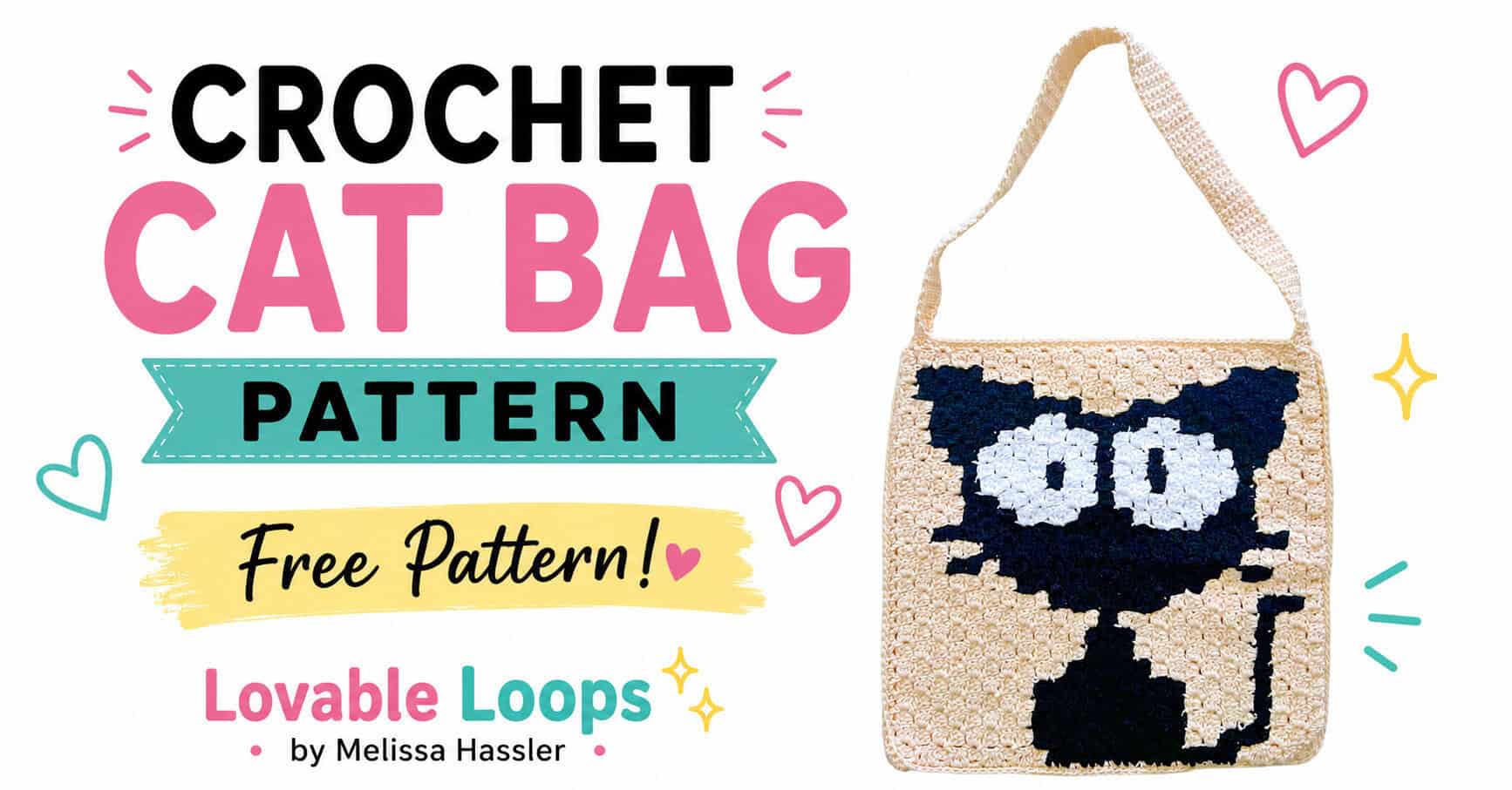 Cream crochet cat bag featuring a bold black cat with oversized white eyes, shown with “Crochet Cat Bag Pattern” and “Free Pattern” text on a bright white background.