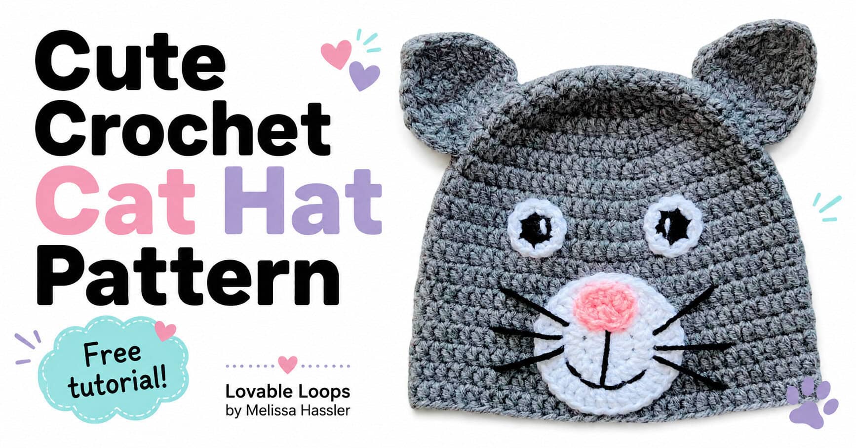 Gray crochet cat hat with pointed ears, white eyes, a pink nose, white muzzle, and black whiskers beside text reading “Cute Crochet Cat Hat Pattern” and “Free tutorial.”