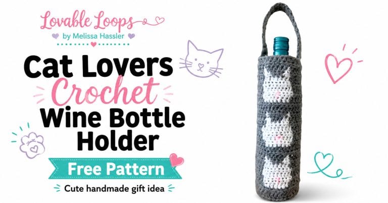 Crochet cat wine bottle holder pattern featuring a gray bottle bag with three stacked white cat motifs, pink noses, and a matching crochet handle.