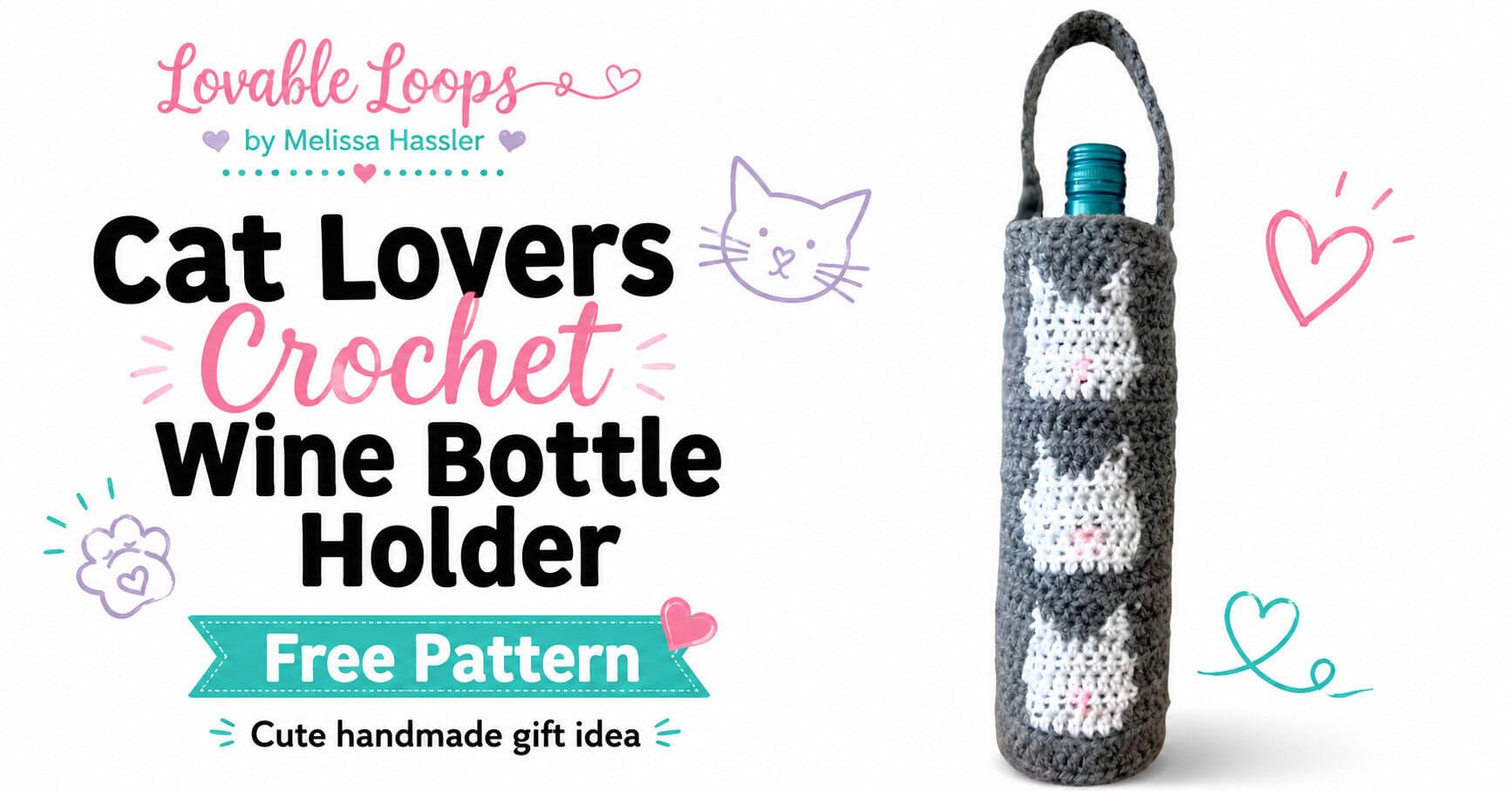 Crochet cat wine bottle holder pattern featuring a gray bottle bag with three stacked white cat motifs, pink noses, and a matching crochet handle.