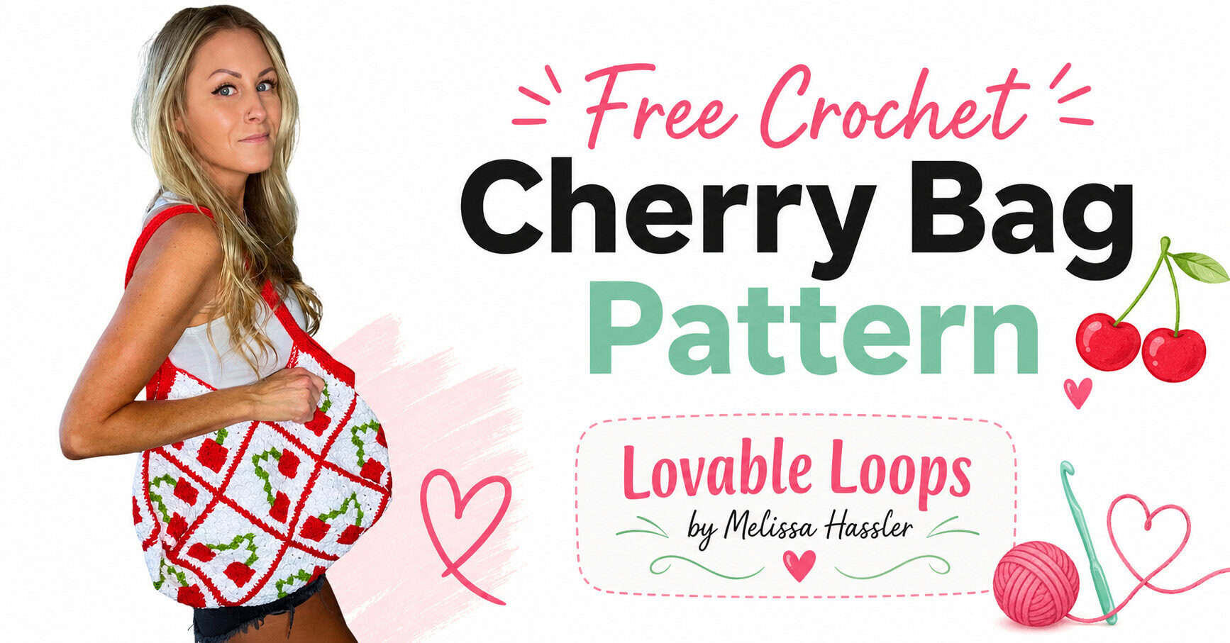 Woman wearing a handmade C2C cherry crochet tote made from white squares with bright red cherries, green stems, and red joining borders.
