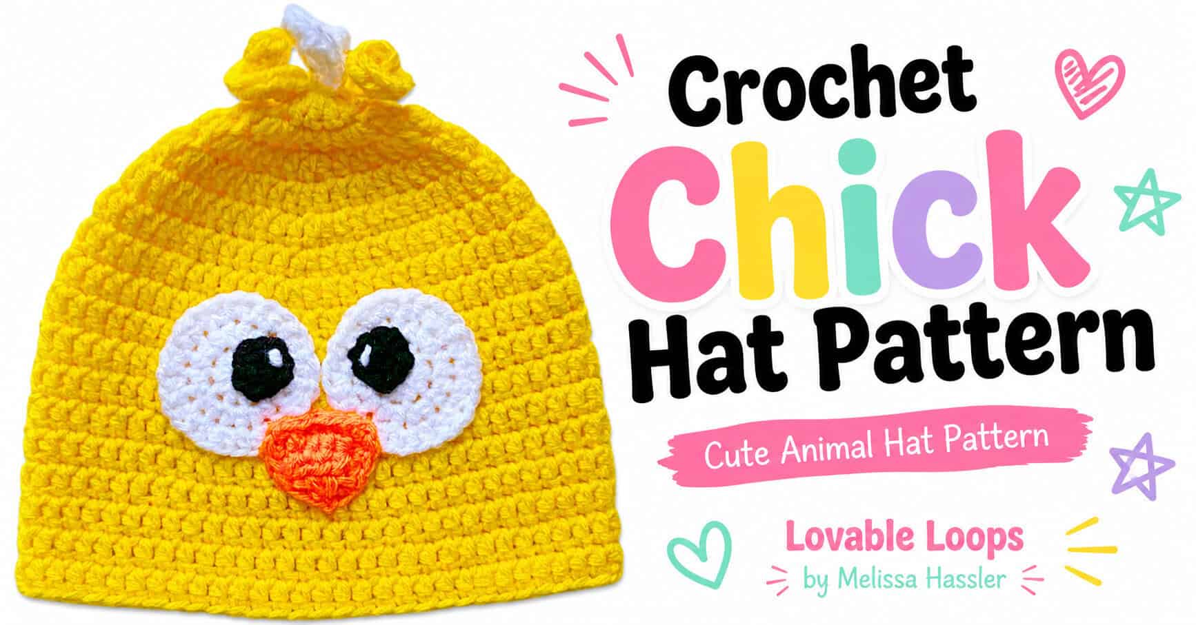 Pinterest pin showing a yellow crochet chick hat with large white eyes, black pupils, orange beak, and crown tuft beneath bold text reading “Crochet Chick Hat Pattern — Fun and Cute.”