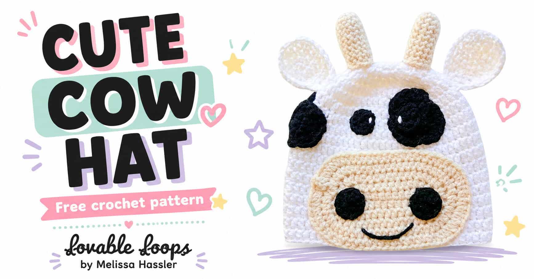 White crochet cow hat with black patches, cream horns, oversized ears, and a beige muzzle beside text reading “Cute Cow Hat Free Crochet Pattern.”