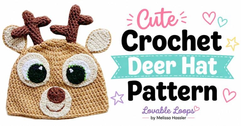 Landscape featured image showing a tan crochet deer hat with brown antlers, cream ears, large green-and-black eyes, cream muzzle, brown nose, and stitched smile beside text reading “Cute Crochet Deer Hat Pattern.”
