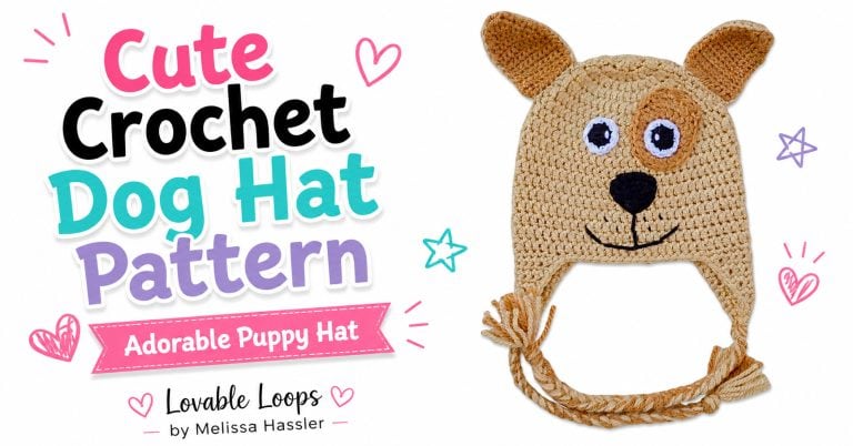 Landscape featured image showing a tan crochet puppy hat with brown ears, white-and-black eyes, one brown eye patch, black nose, stitched smile, and braided ties beside text reading “Cute Crochet Dog Hat Pattern.”