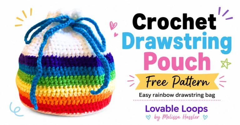 Crochet rainbow drawstring bag with horizontal stripes in red, orange, yellow, green, blue, purple, and white, finished with long blue drawstrings.