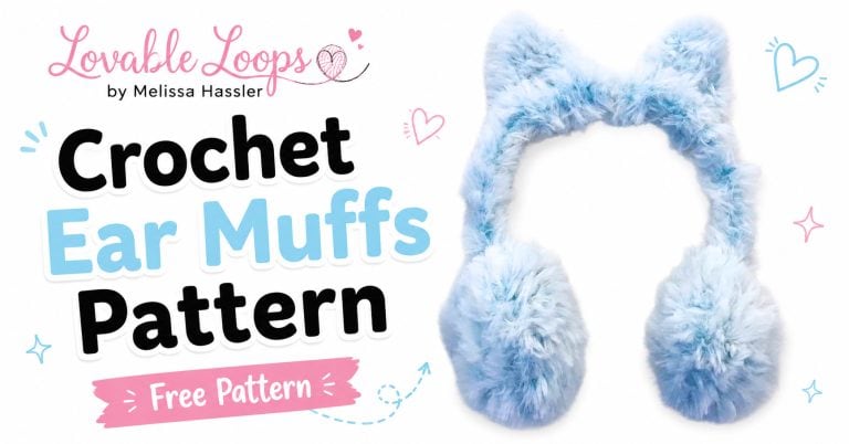 Light blue faux fur crochet ear muffs with cat-ear details shown beside bold “Crochet Ear Muffs” and “Free Pattern” text on a bright white background.