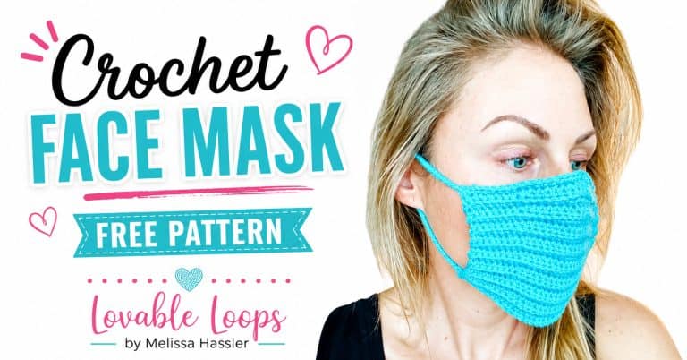 Woman modeling a bright blue crochet face mask beside “Crochet Face Mask Pattern” and “Free Pattern” text with pink and aqua decorative accents.