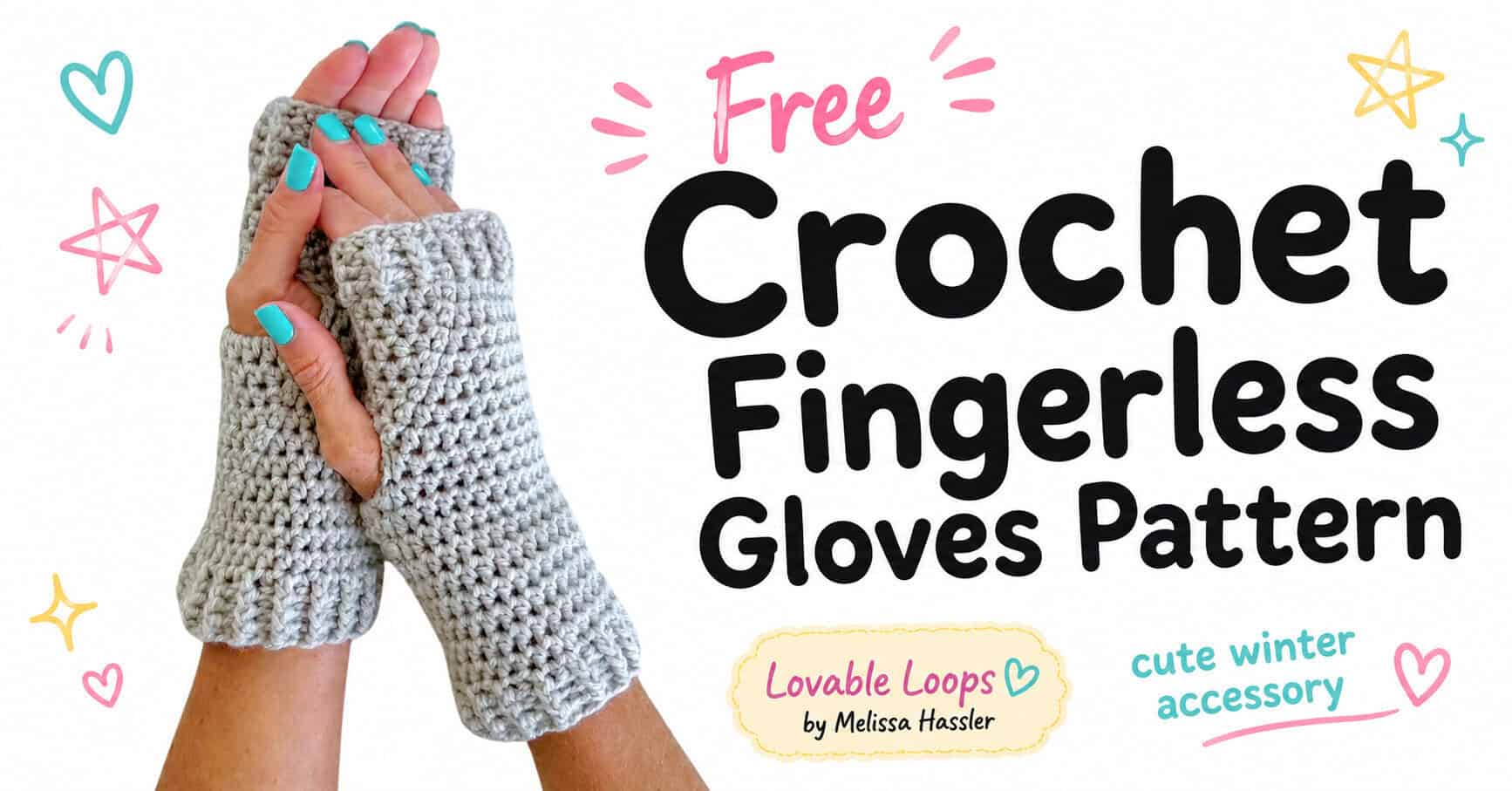 Landscape graphic showing gray crochet fingerless gloves with textured stitches and thumb openings beside text reading “Free Crochet Fingerless Gloves Pattern.”