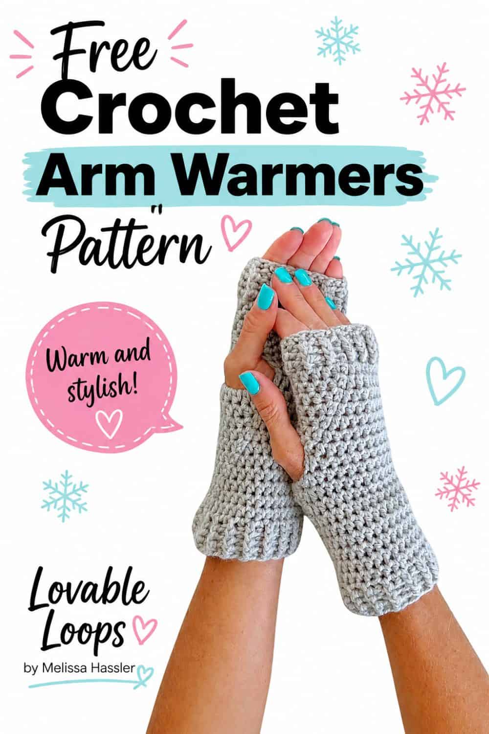 Pinterest pin showing cozy gray crochet fingerless gloves with ribbed cuffs and open fingers beside bold text reading โCozy Crochet Fingerless Gloves Free Pattern.โ