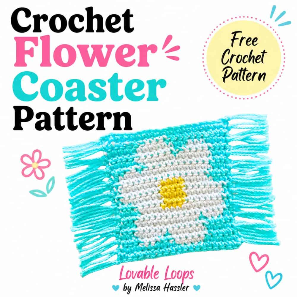 Handmade daisy crochet coaster featuring white petals, a yellow center, turquoise edging, and long fringe, displayed beside Free Crochet Flower Coaster Pattern text.