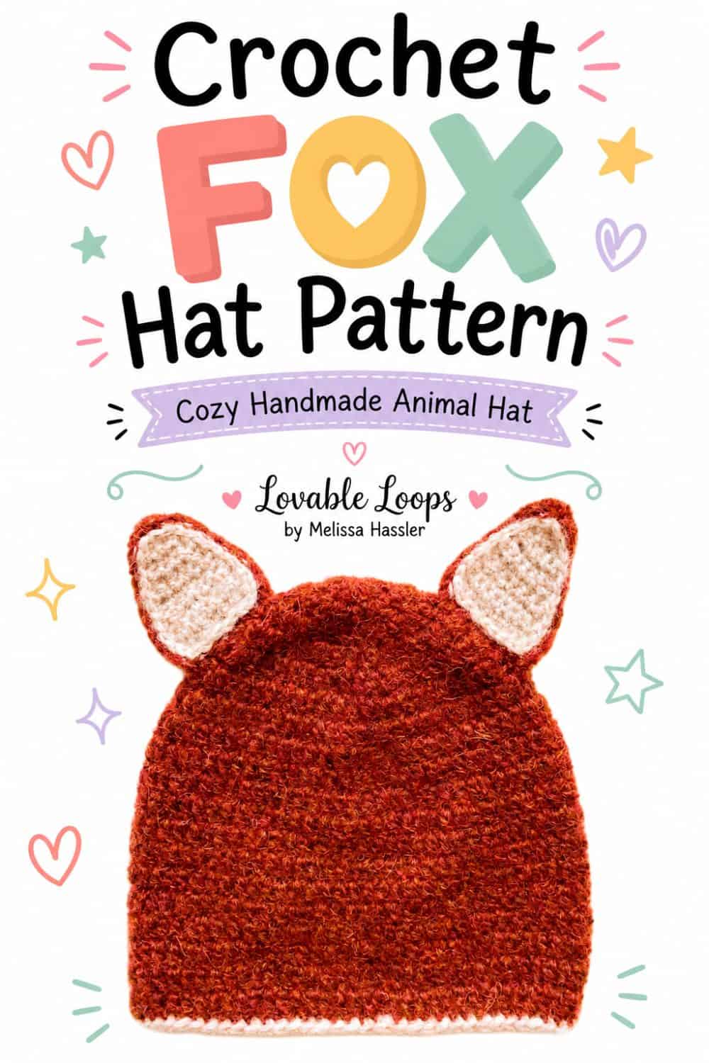 Pinterest pin featuring a rust-orange crochet fox hat with pointed cream-lined ears beneath bold text reading โAdorable Crochet Fox Hat Pattern.โ
