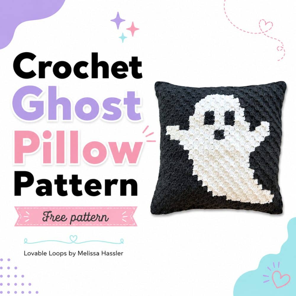 Free crochet ghost pillow pattern graphic featuring the black-and-white ghost pillow with bold black and purple text, pink accents, and “Cute Halloween Decor” on a clean white background.