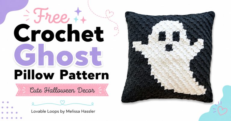 Crochet ghost pillow pattern graphic with the black-and-white C2C ghost pillow beside large black, purple, and pink text, plus “Free pattern” on a bright white background.