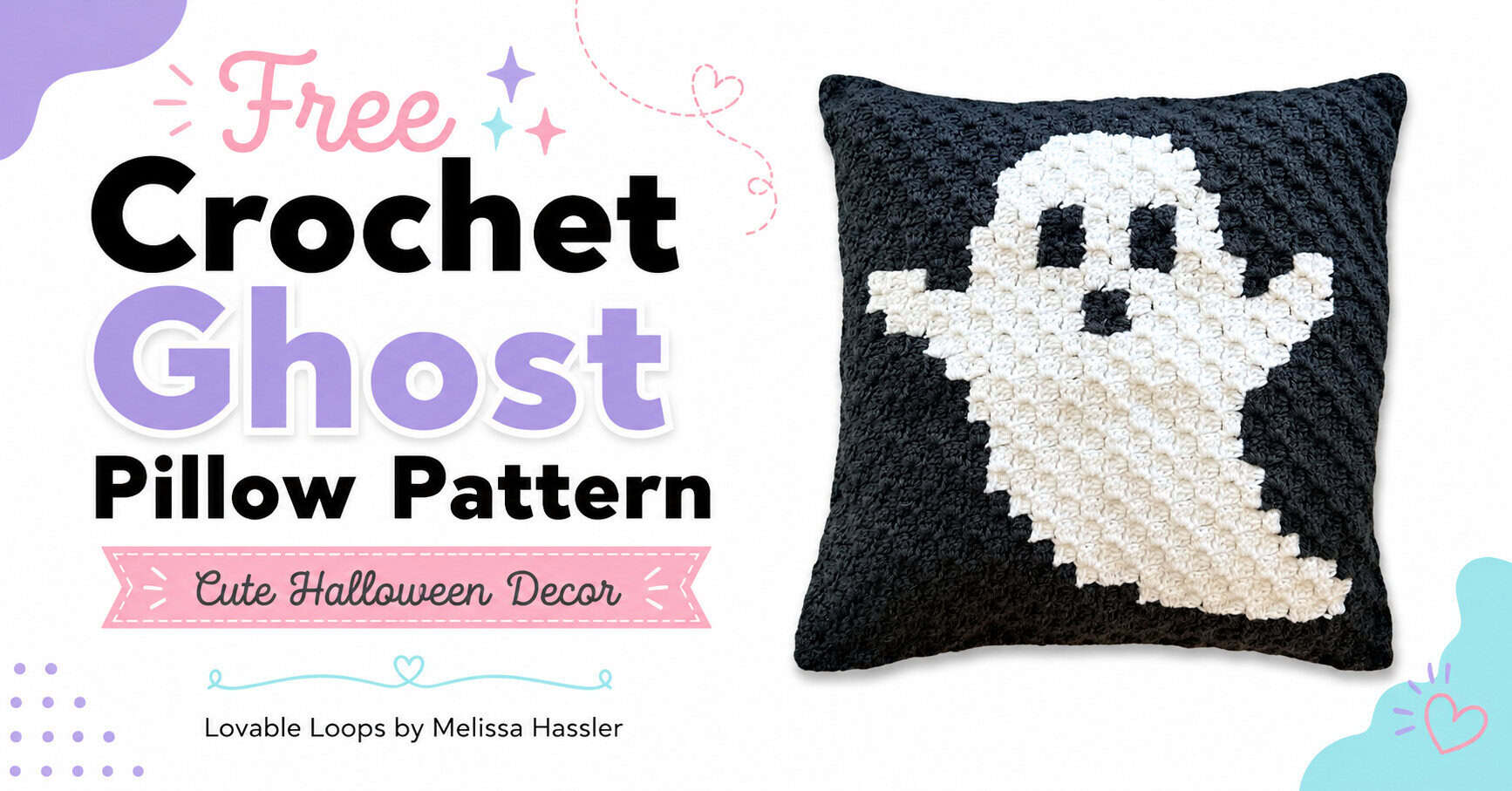 Crochet ghost pillow pattern graphic with the black-and-white C2C ghost pillow beside large black, purple, and pink text, plus “Free pattern” on a bright white background.