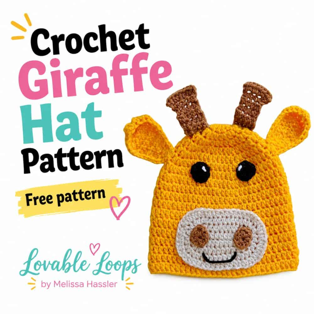 Square Pinterest graphic featuring a yellow crochet giraffe hat with brown ossicones, large ears, black eyes, and a cream muzzle beside text reading “Crochet Giraffe Hat Pattern” and “Free pattern.”