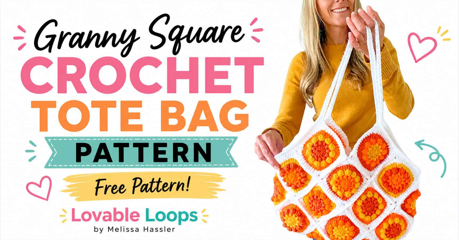 Boho-style crochet granny square tote bag with orange and yellow floral squares and white handles, shown beside “Free Crochet Granny Square Bag Pattern” text on a bright white background.