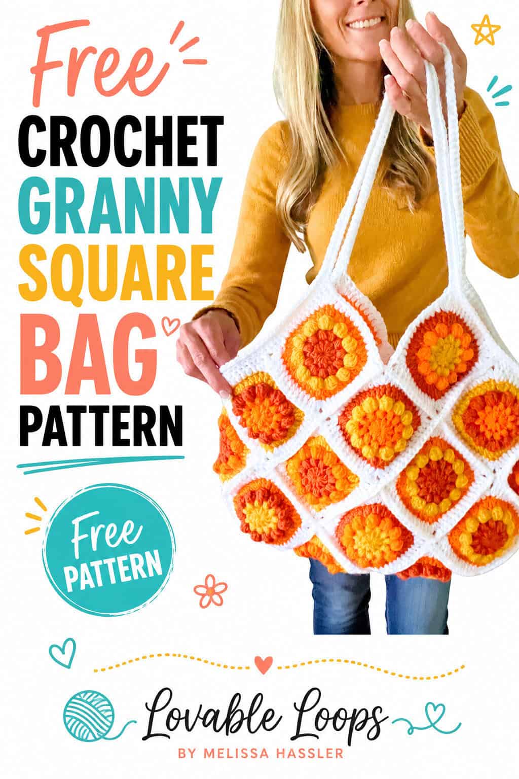 Crochet granny square tote bag in warm orange, yellow, and white colors held by a woman in a mustard sweater, with โGranny Square Crochet Tote Bag Patternโ and โFree Patternโ text.