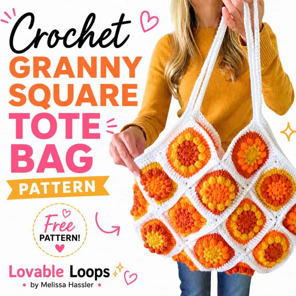Woman holding a white granny square crochet tote bag with orange and yellow motifs, shown with bold โCrochet Granny Square Tote Bag Patternโ and โFree Patternโ text.